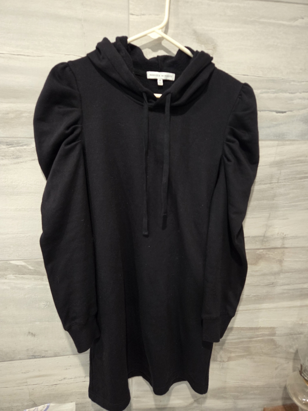 Rebecca Minkoff Black Hooded Sweatshirt Dress Puff Sleeve Fleece Tunic Size M